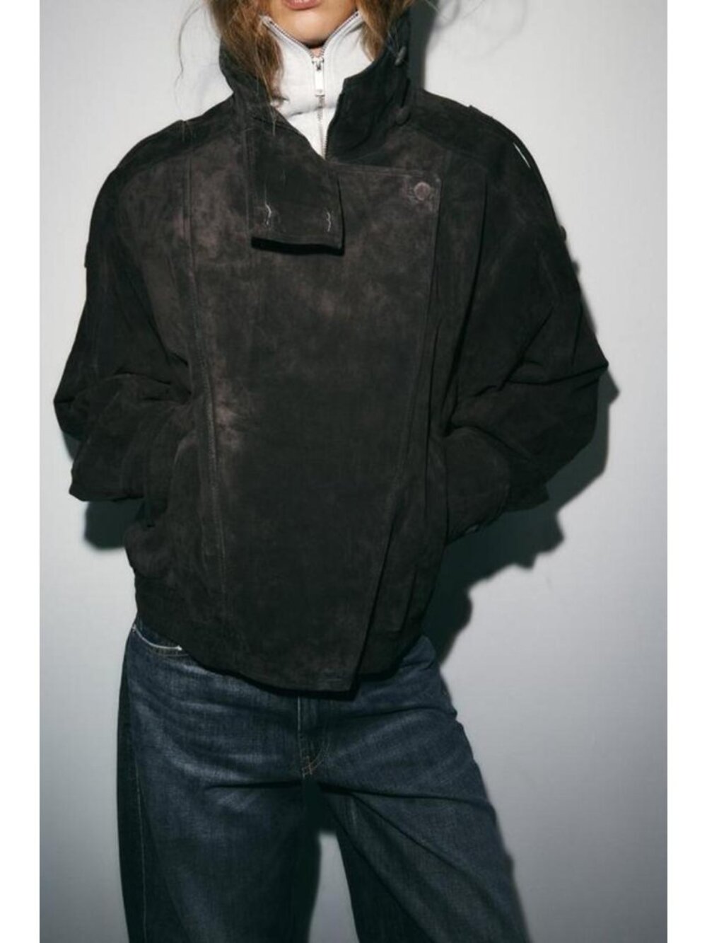 ZARA 100% SUEDE BIKER JACKET WITH COVERED BUTTONS - Picture 3 of 9